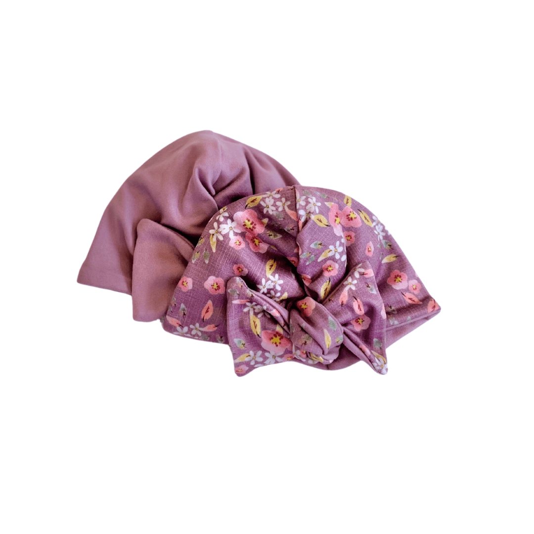 RUCHED BEANIE WITH BOW: Dusty Roses / 0-6m