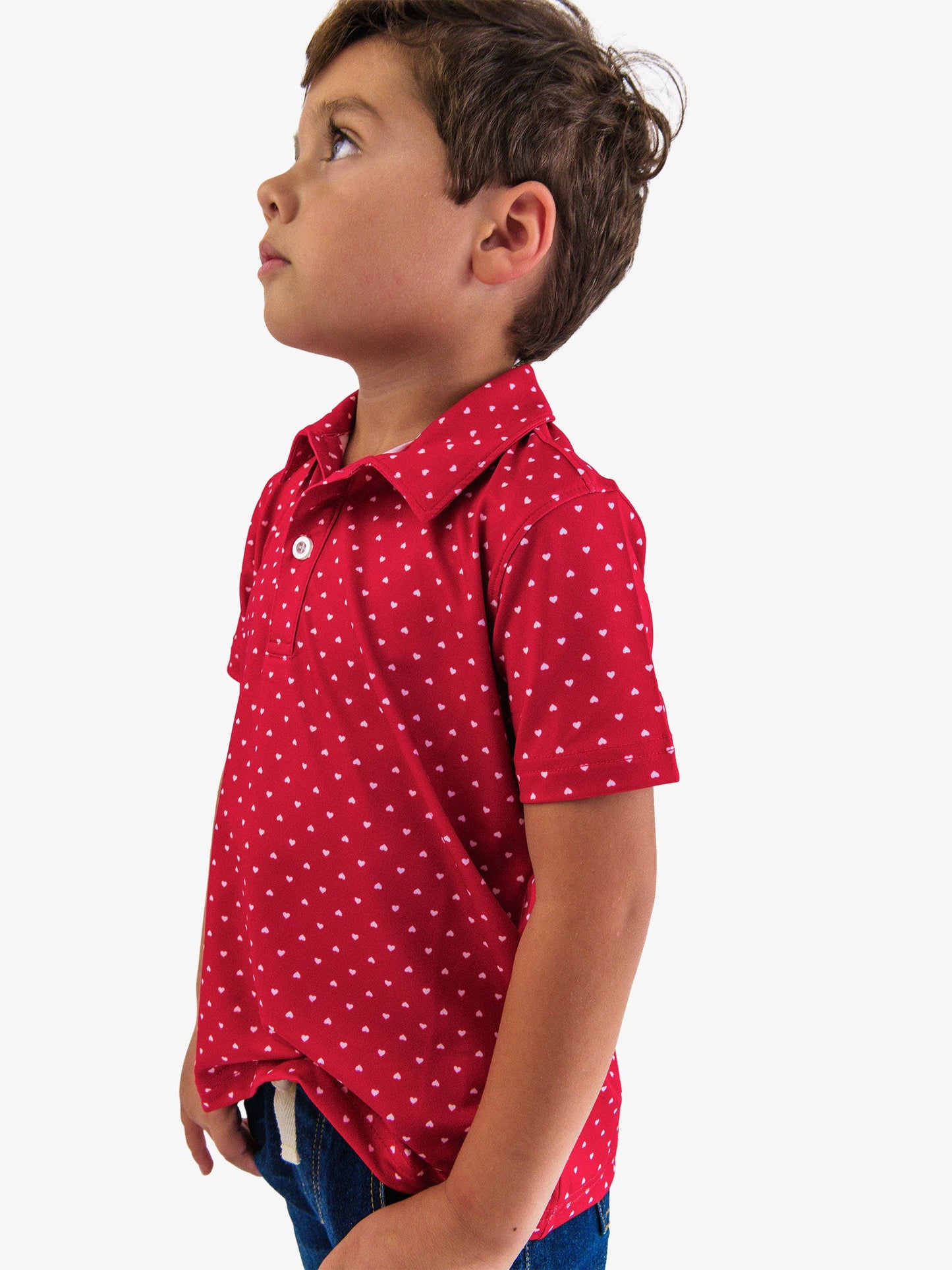 Boys Red Heart Polka Dot Knit Short Sleeve Performance Polo: Red