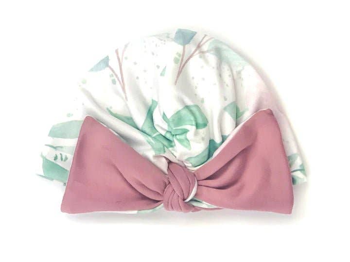 RUCHED BEANIE WITH BOW: Dusty Roses / 0-6m