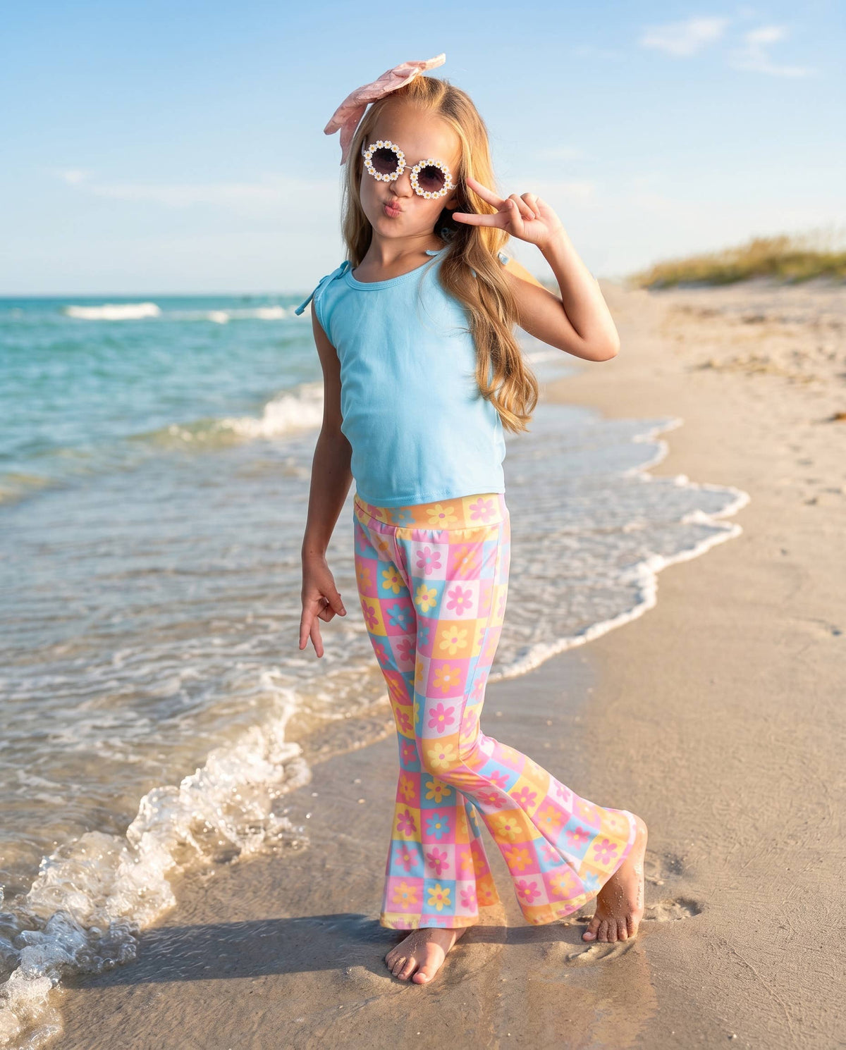 Girls Flare Floral Blue Pink Pastel Summer Spring Pant Set