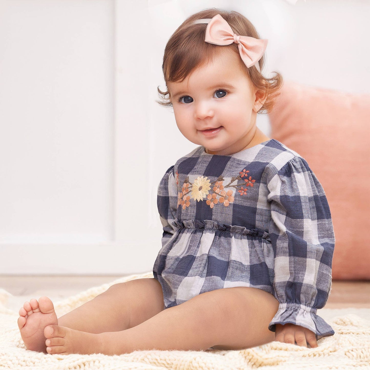 Buffalo Check Baby Girl Cotton Bodysuit with Embroidery: