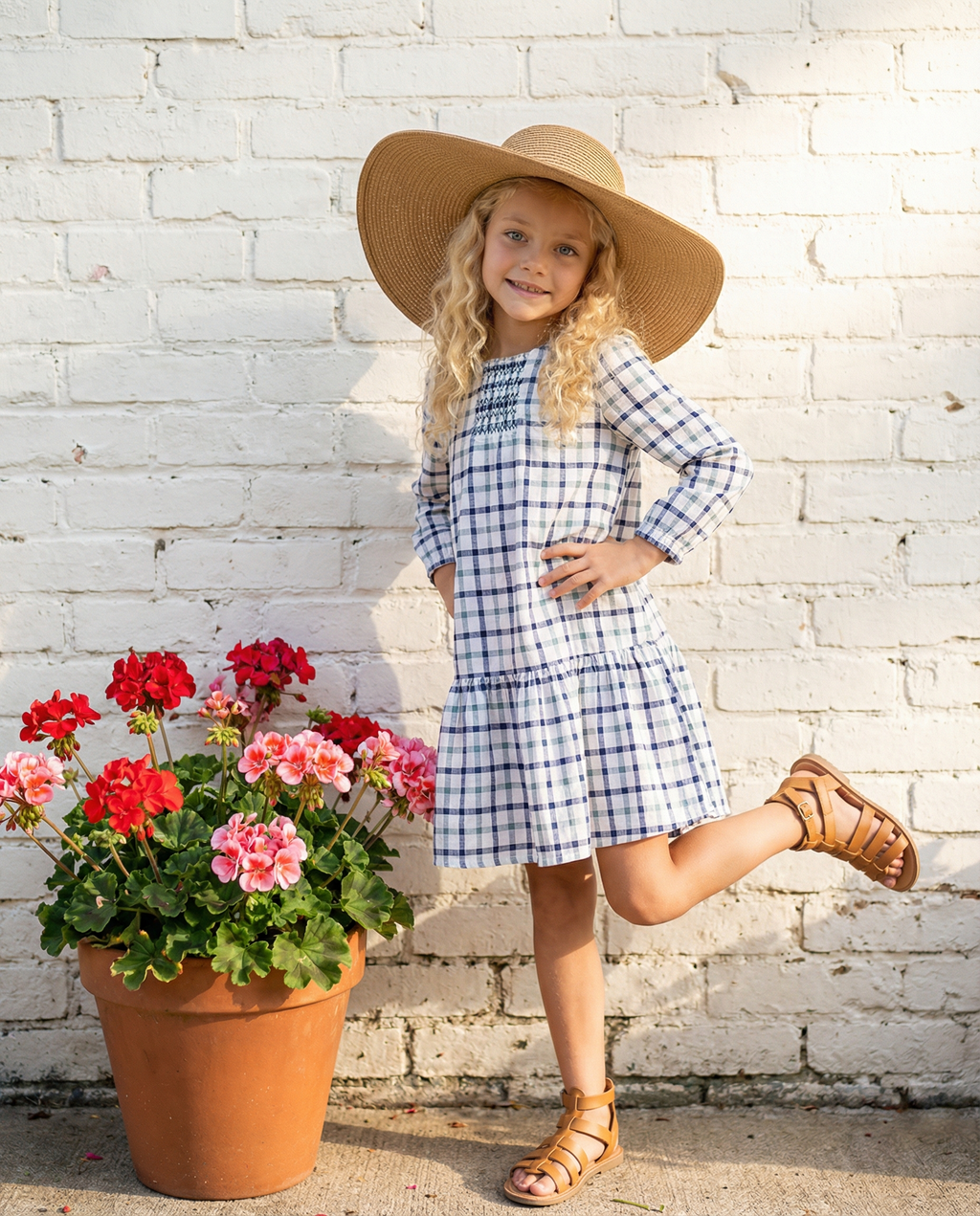 Girls Navy & White Plaid Smocked Ruffle Spring Dress