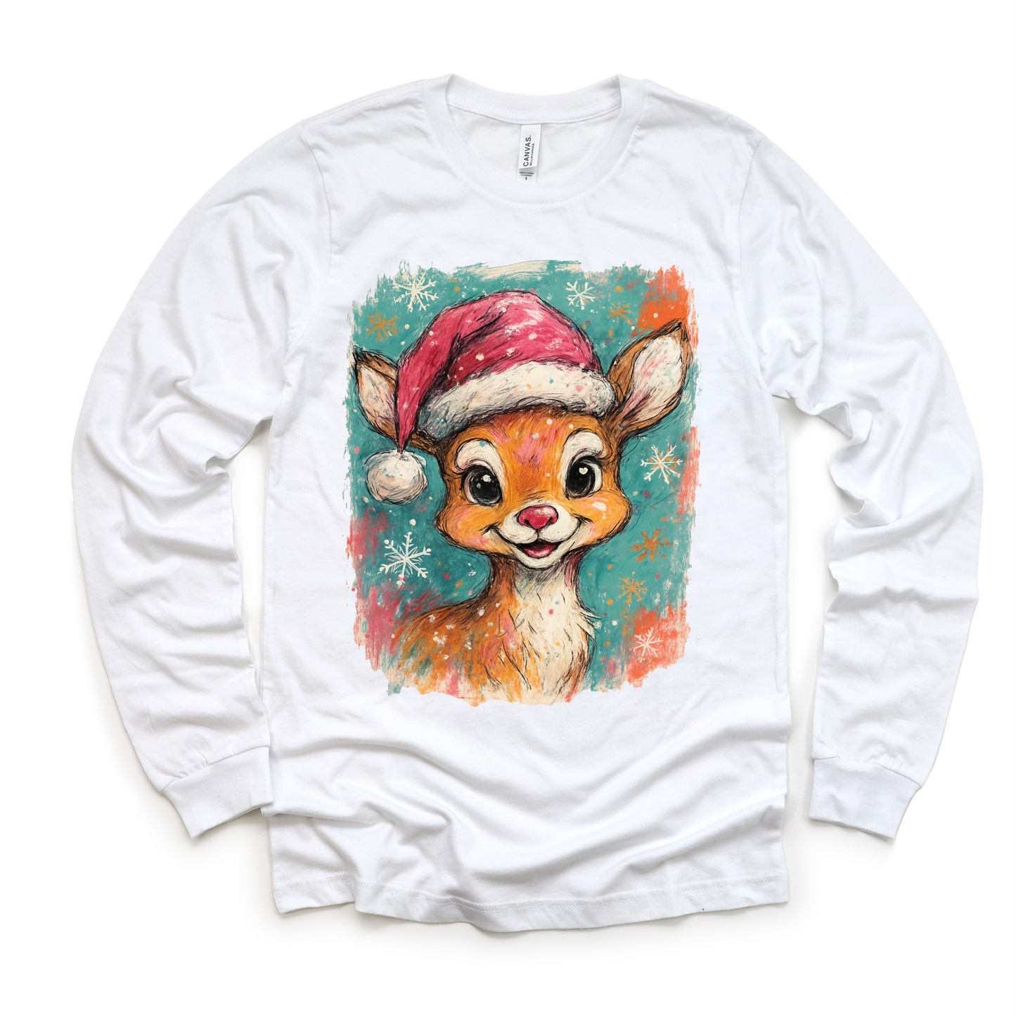 Rudolph Christmas Reindeer T-Shirt - Christmas Tee: White Long Sleeve Tee