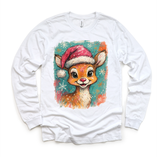 Rudolph Christmas Reindeer T-Shirt - Christmas Tee: White Long Sleeve Tee