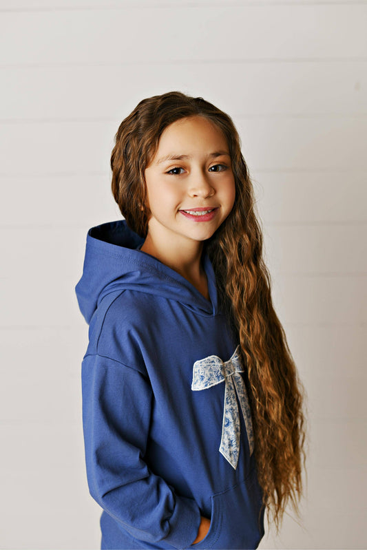 Girls Blue Bow Front Fall Winter Comfy Hooded Sweat Set
