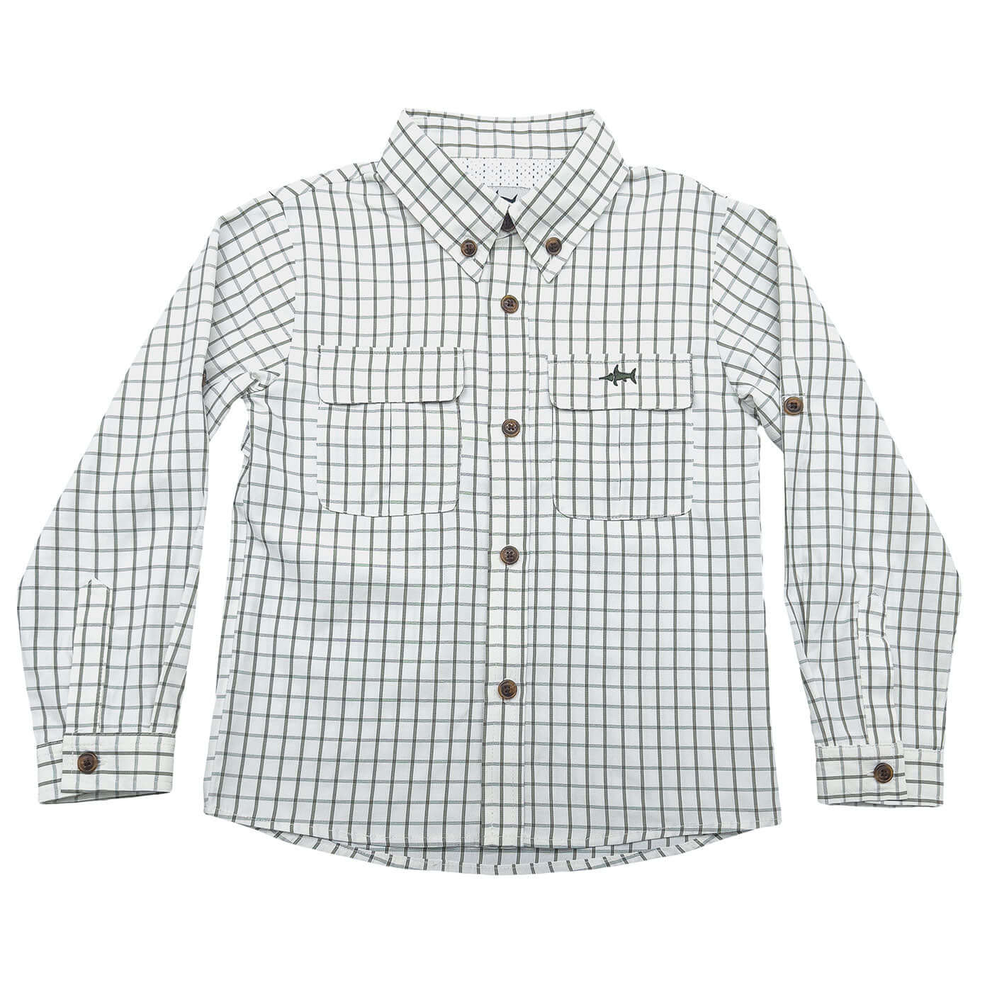 Flagler Boys Fishing Shirt Olive & White Plaid: Olive & White Plaid