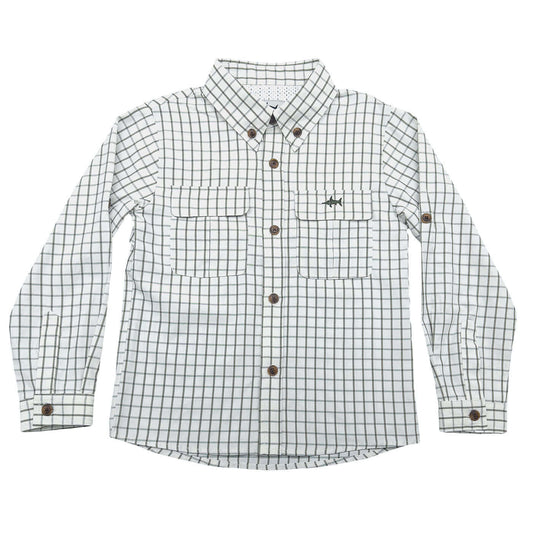 Flagler Boys Fishing Shirt Olive & White Plaid: Olive & White Plaid