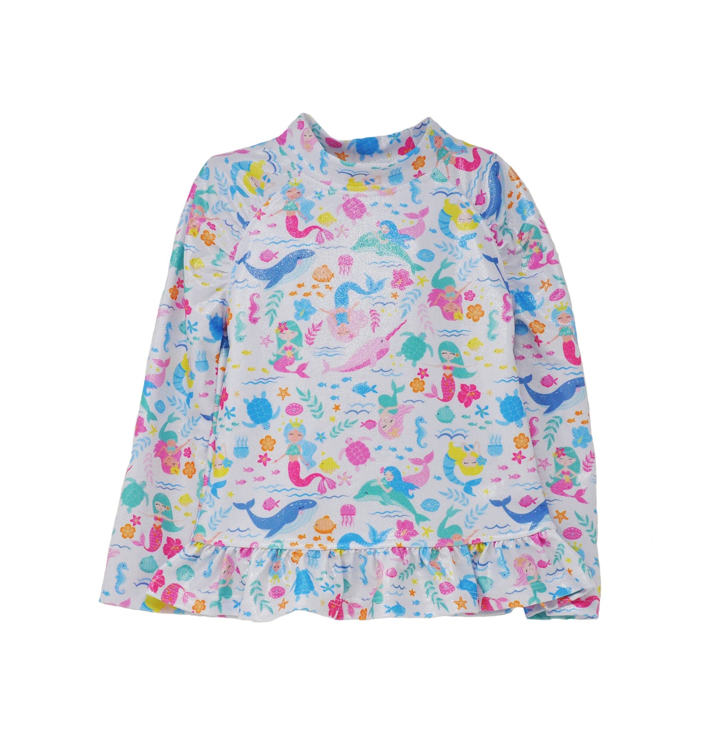 Kids UPF50+ Ruffle Rash Guard Mermaid Friends Swim Top & Sparkling Sunset Bottoms