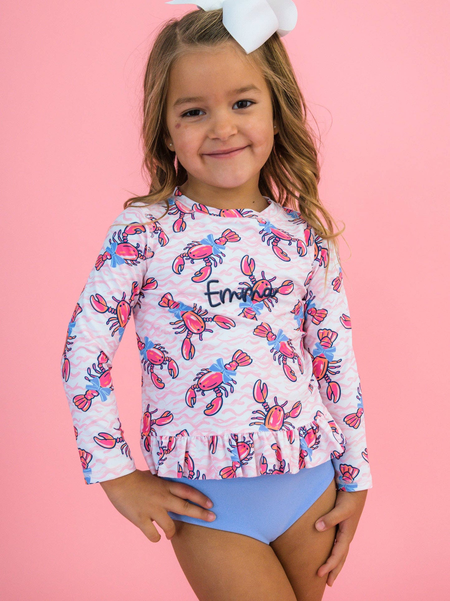 Girls Pink Lobster Lagoon Long Sleeve Rash Guard 2-Piece Swimsuit with Signature Rear Ruffles