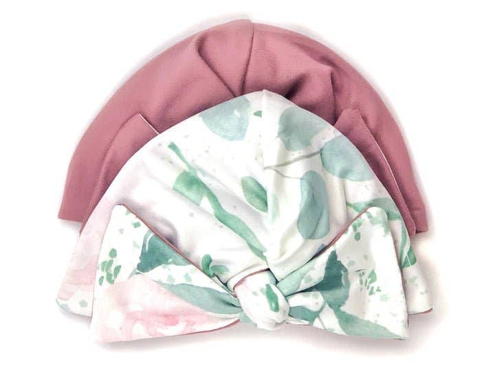 RUCHED BEANIE WITH BOW: Dusty Roses / 0-6m