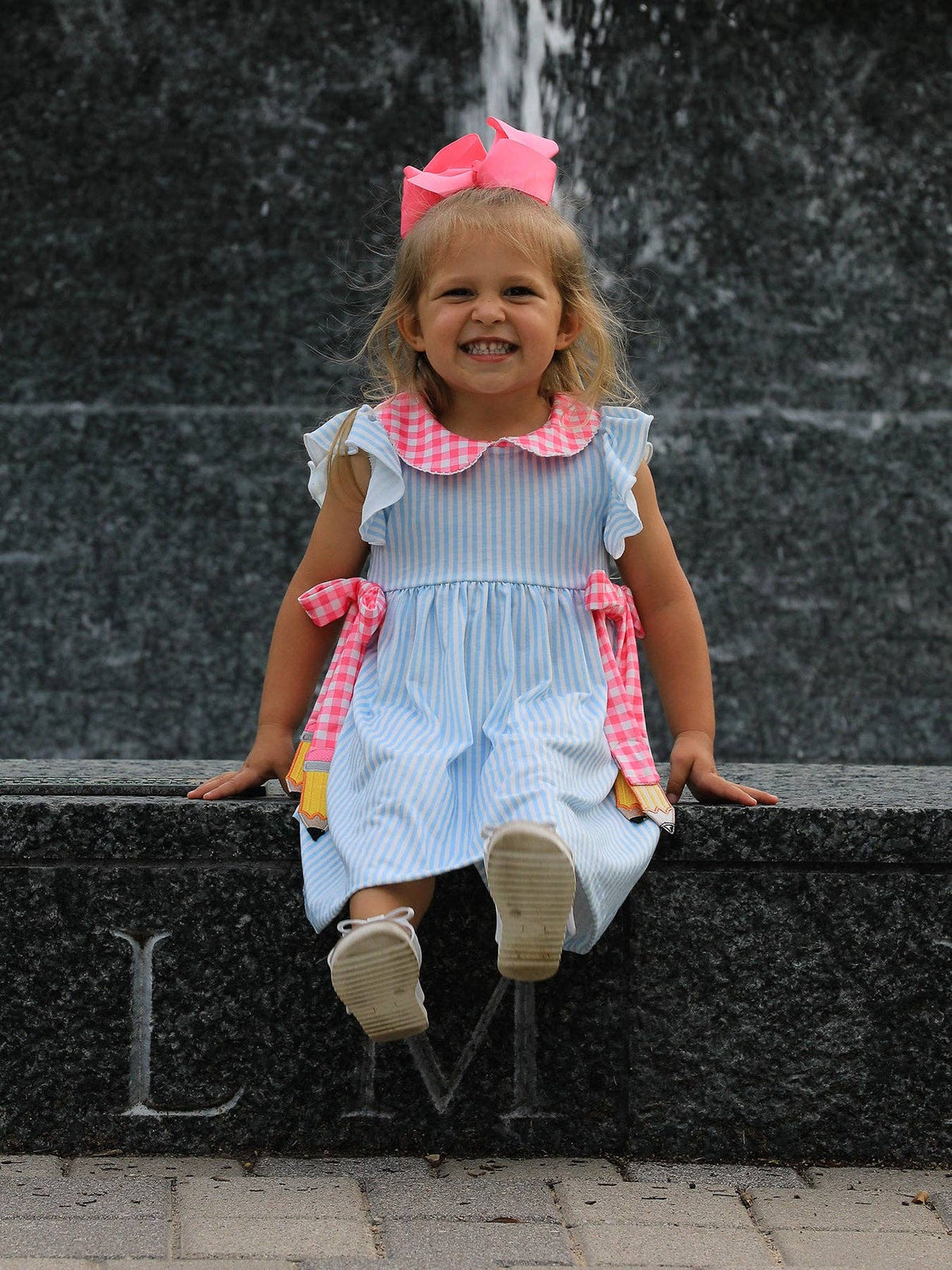 Back To School Girls Striped lapels Bow Dress: 7