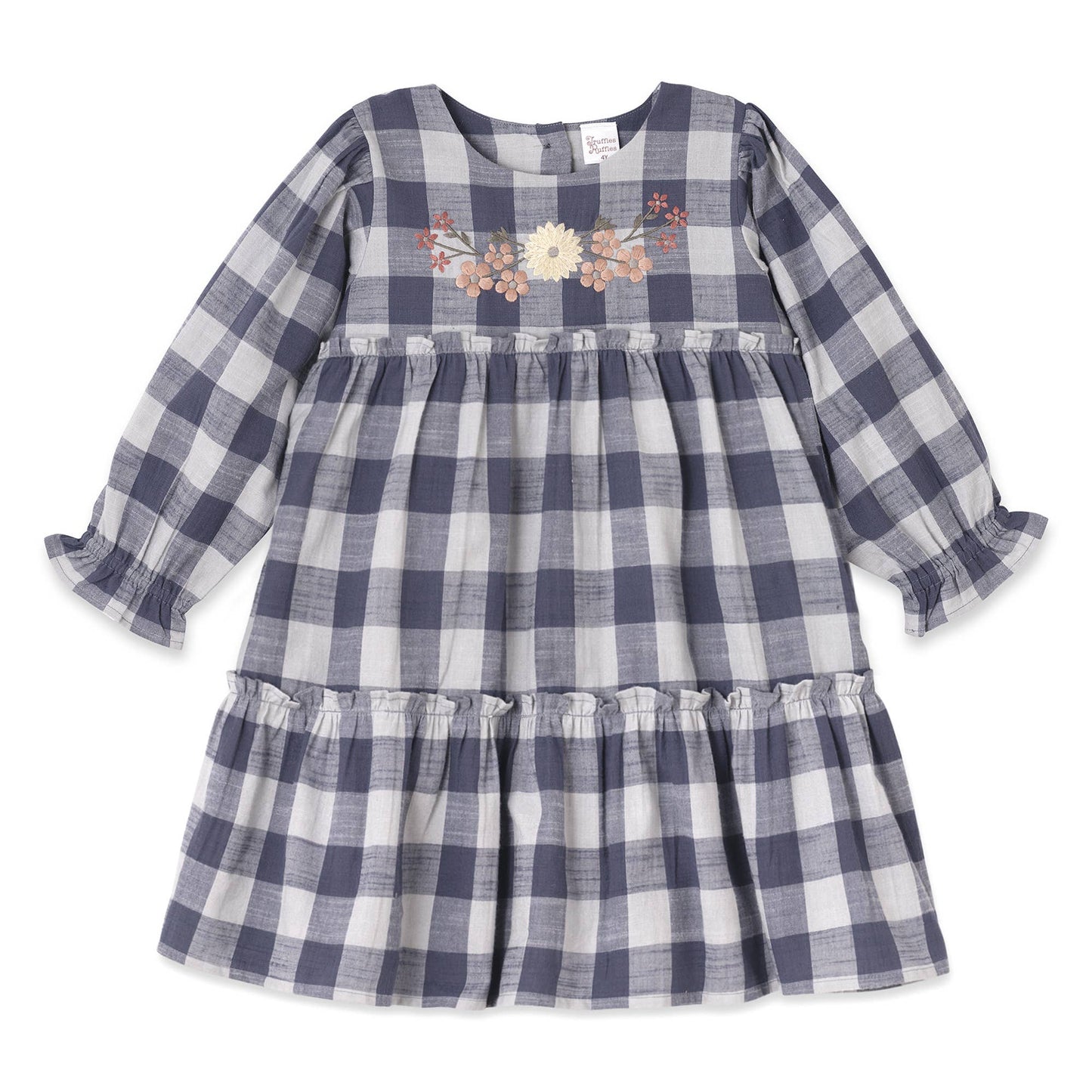 Buffalo Check Girls Dress – Floral Embroidery & Ruffles