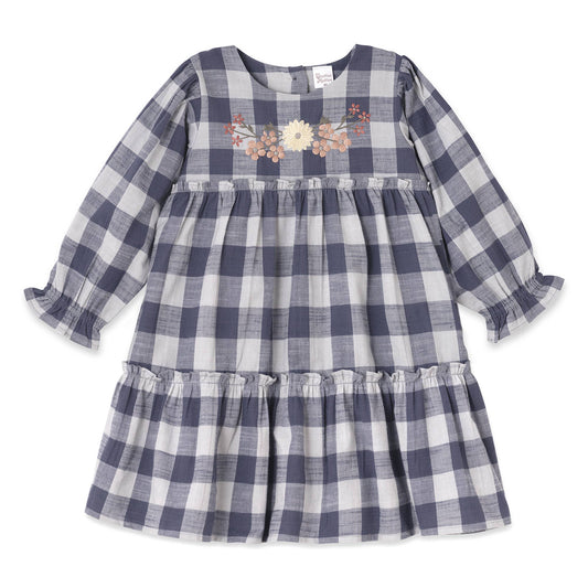 Buffalo Check Girls Dress – Floral Embroidery & Ruffles