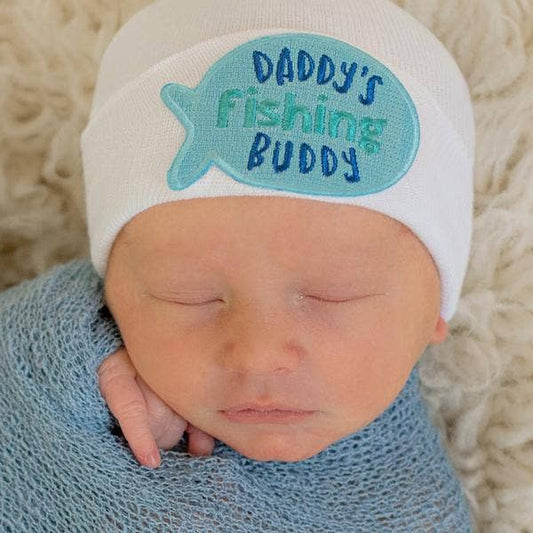 DADDY’S FISHING BUDDY Boy or Girl Fishing Hat Newborn Hat: Blue Boy