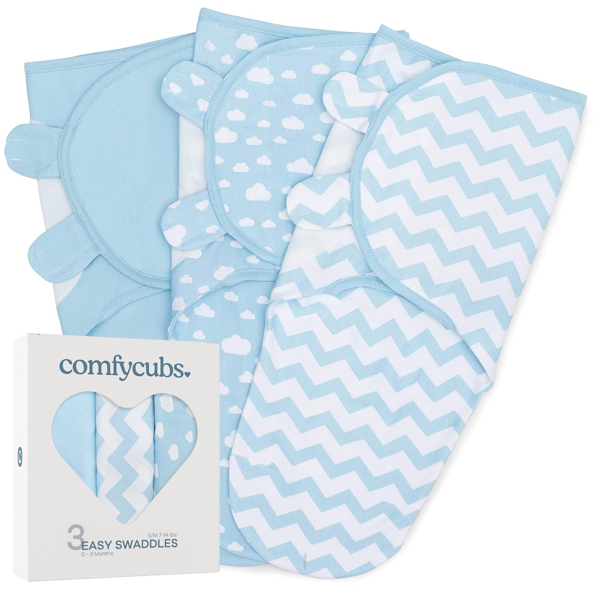 Easy Swaddle Blanket, 3 Pack - 100% Cotton by Comfy Cubs: Blue / Small (0-3 Months)