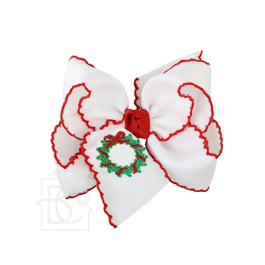 EMBROIDERED WREATH CROCHET EDGE HAIR BOWS: White w/ Red Crochet Edge