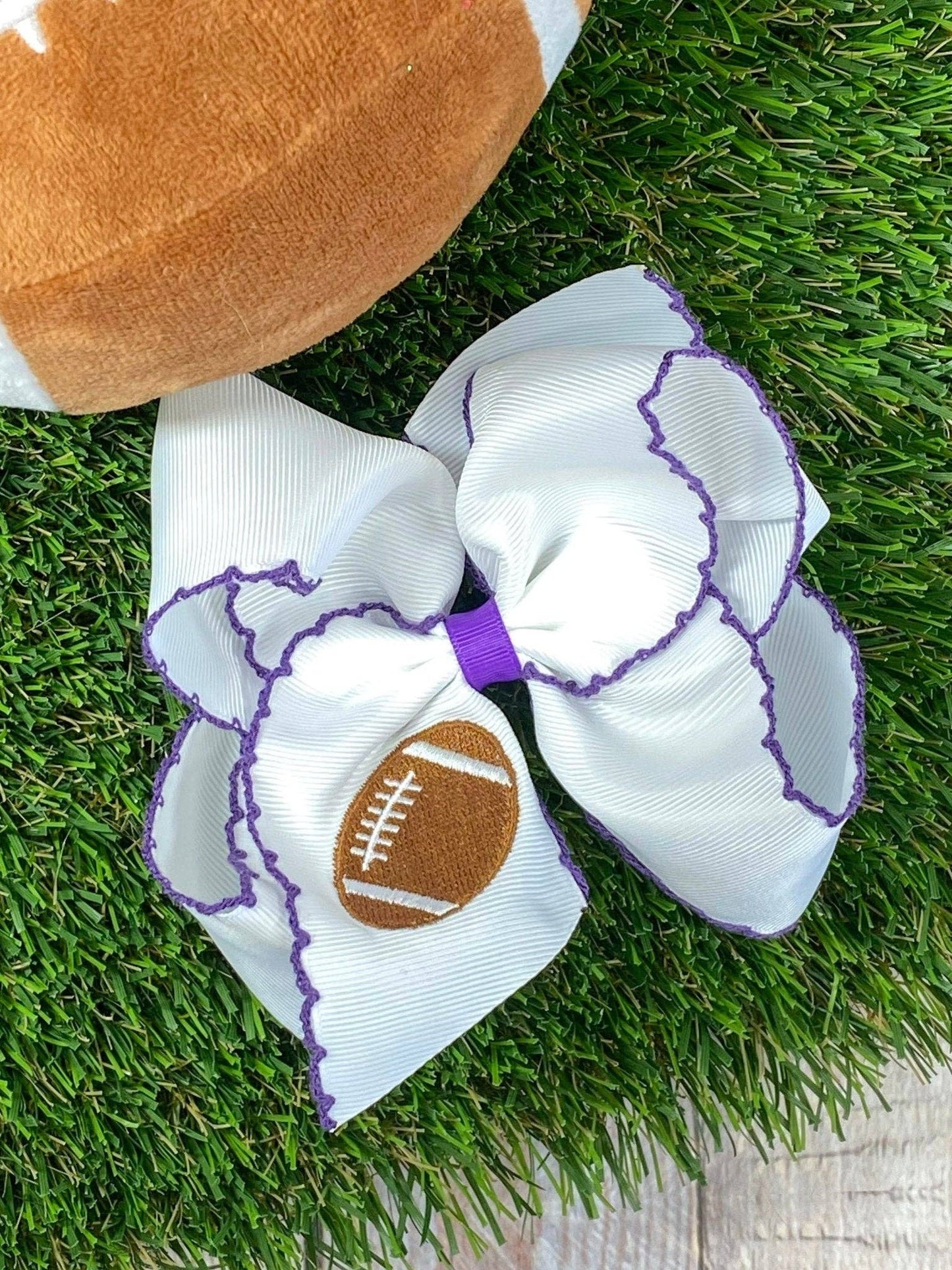 Football Embroidered Moonstitch Hair Bow | Clip or Headband: Orange/White / Clip