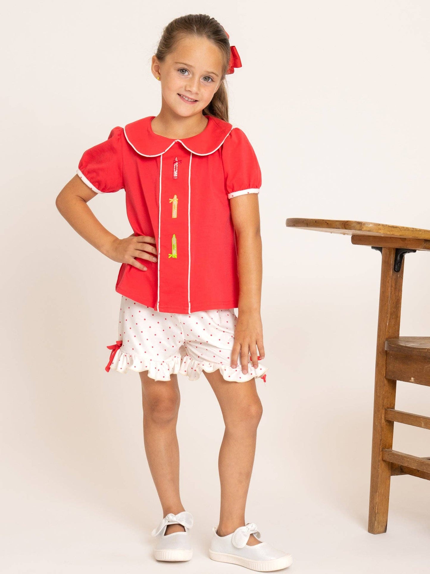 Classroom Crayon Embroidered Collar Ruffle Outfit
