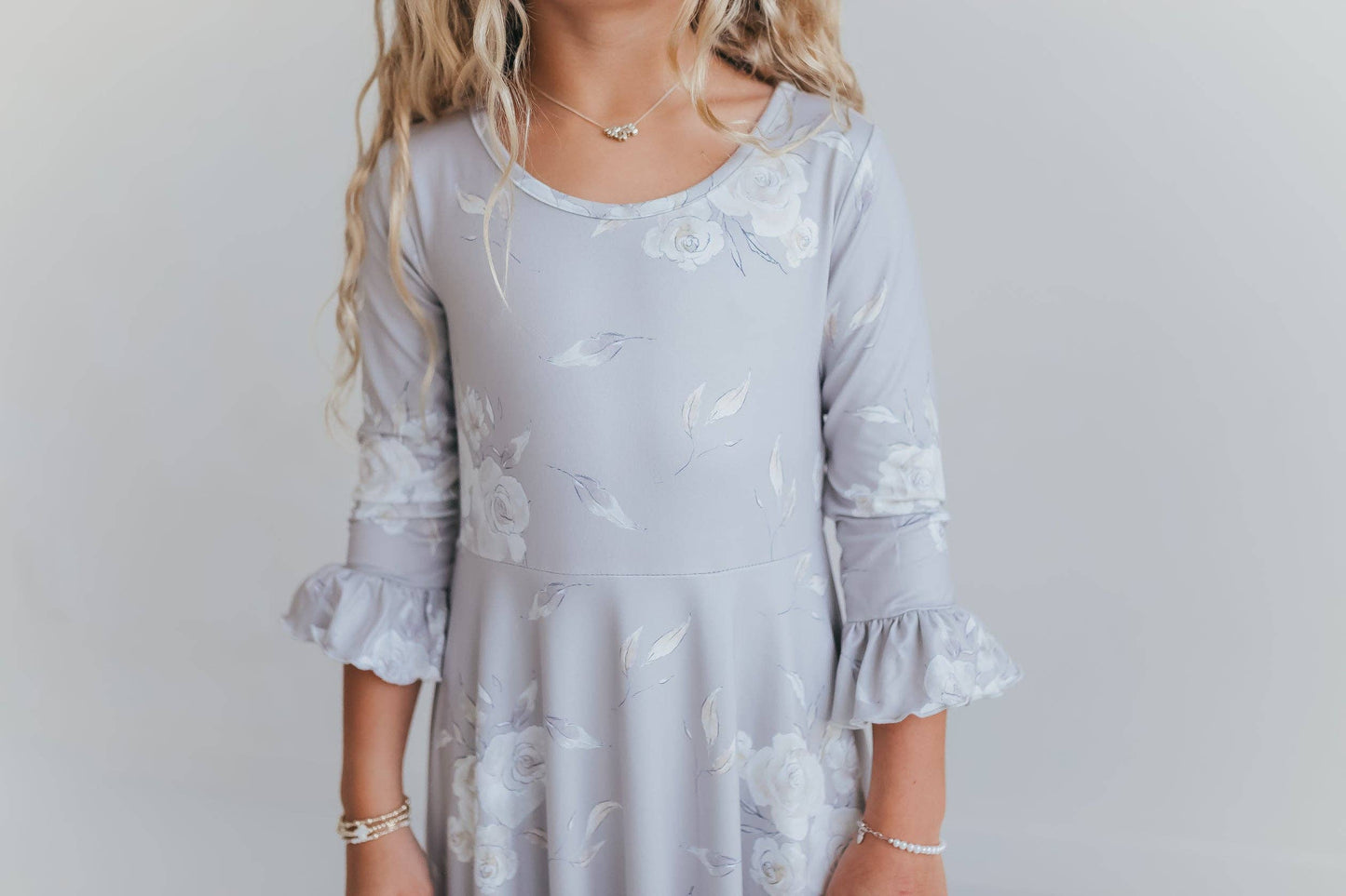 Girls Winter Rose Floral Long Sleeve Ruffles Dress