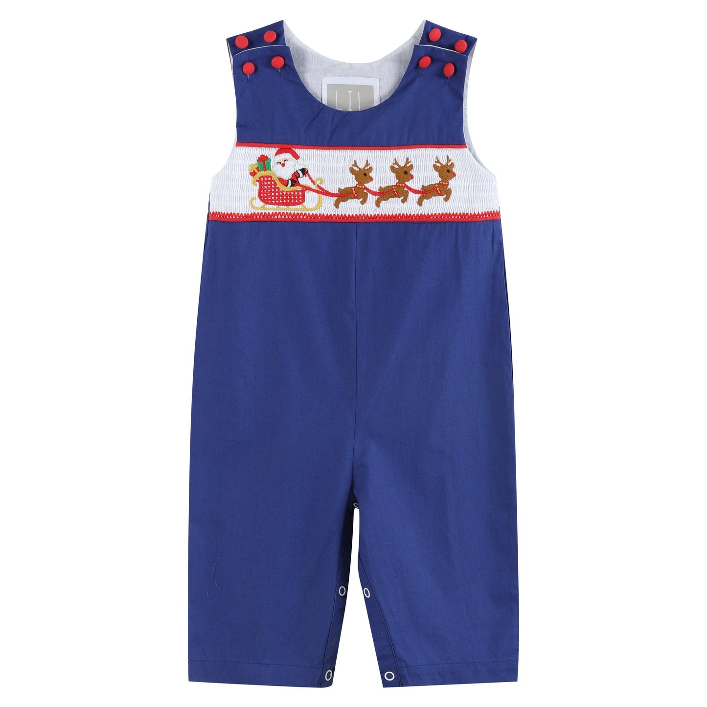 Royal Blue Santa and Sleigh Smocked Overalls: 18-24M
