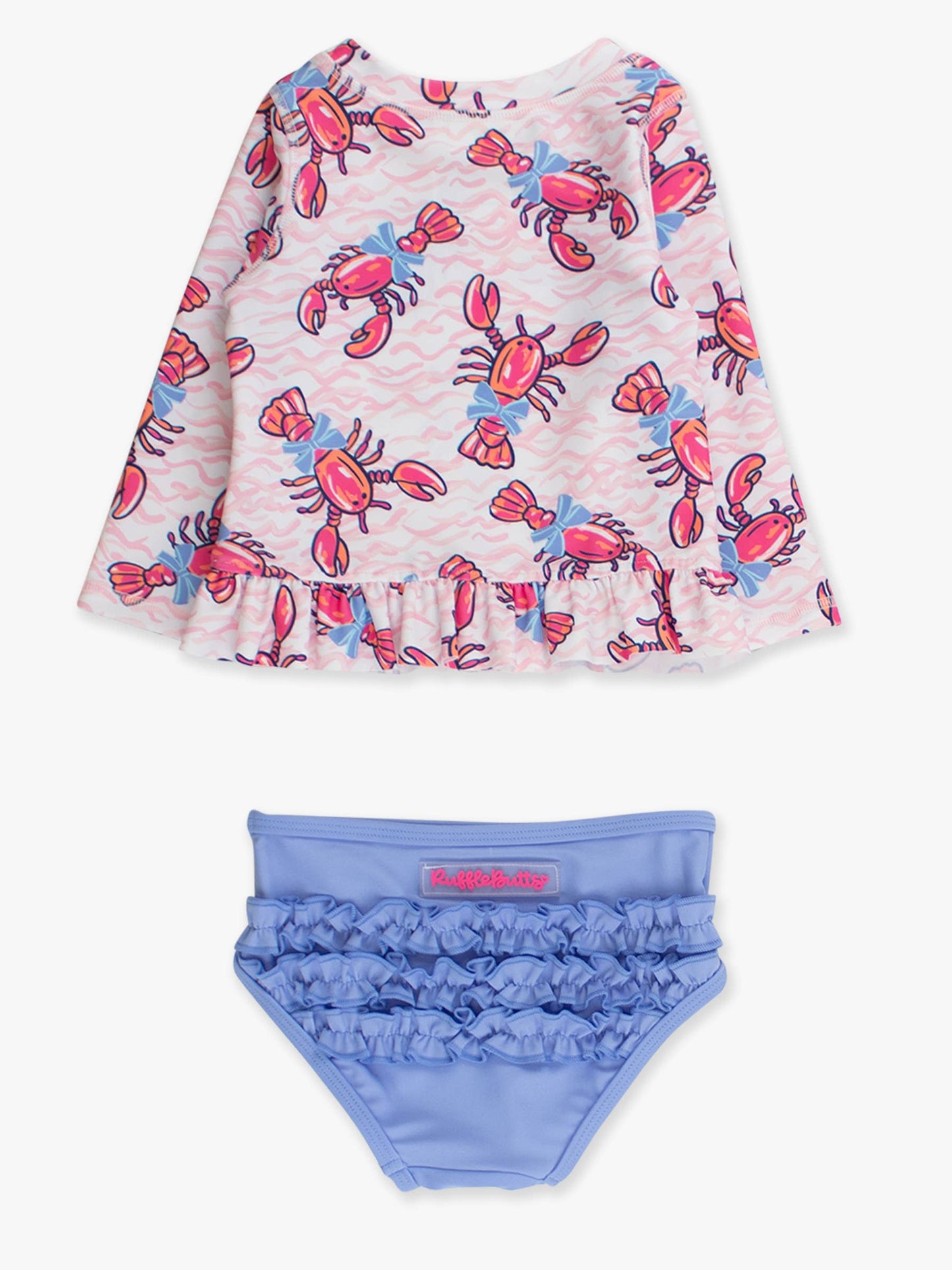 Girls Pink Lobster Lagoon Long Sleeve Rash Guard 2-Piece Swimsuit with Signature Rear Ruffles