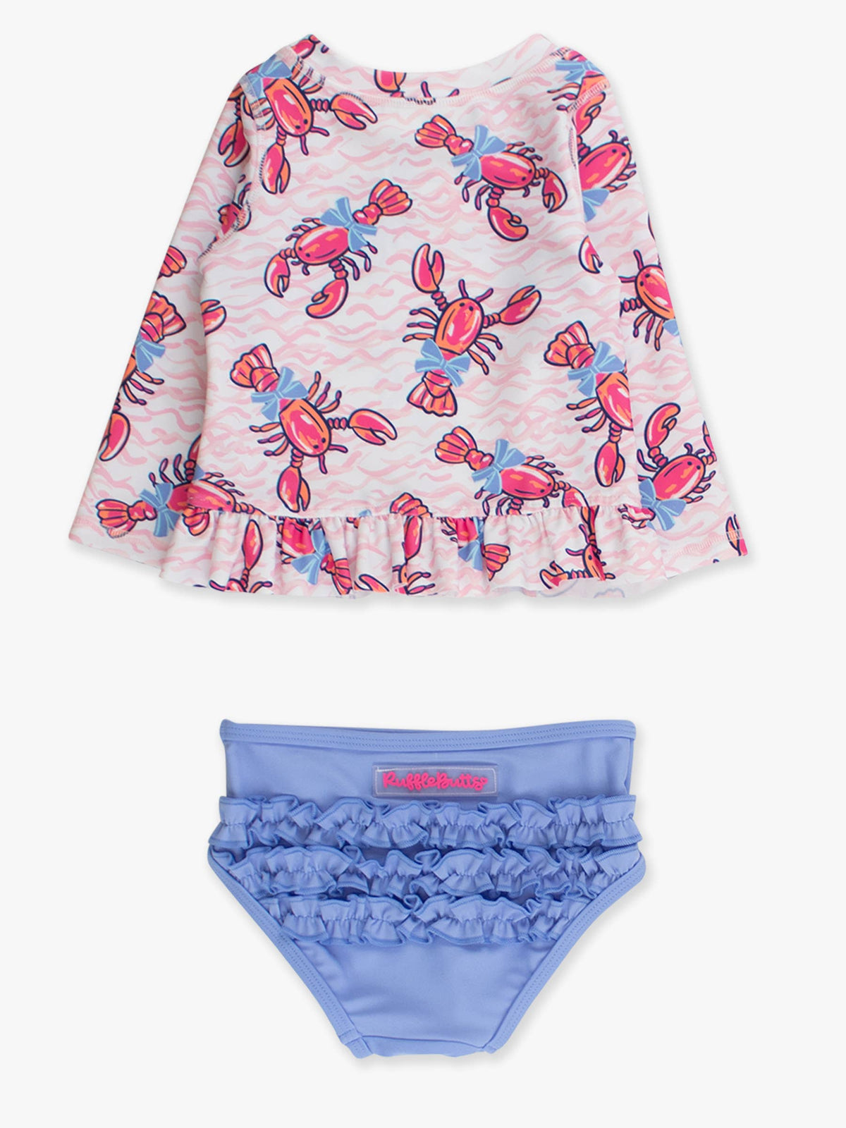 Girls Pink Lobster Lagoon Long Sleeve Rash Guard 2-Piece Swimsuit with Signature Rear Ruffles