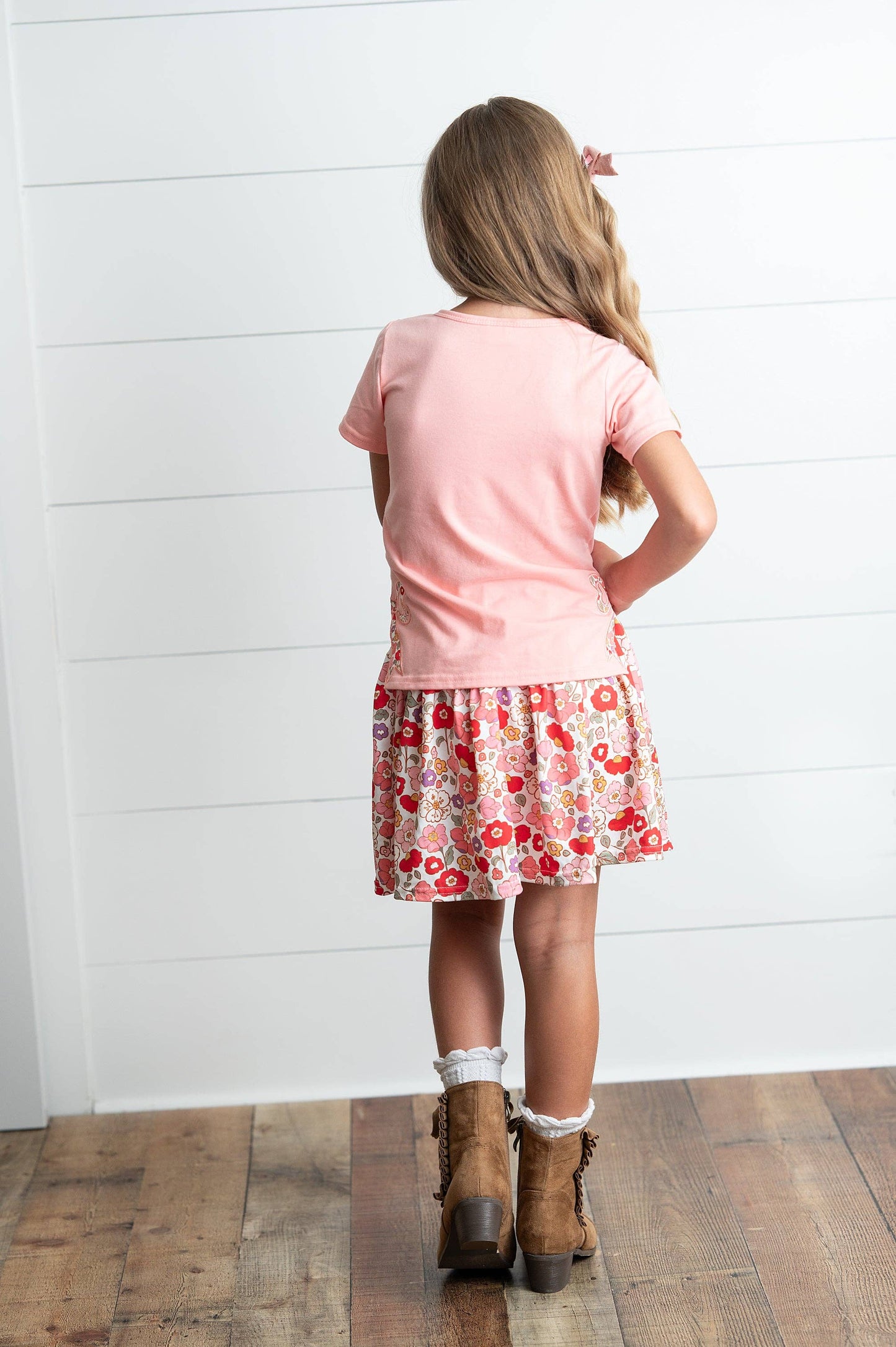 Girls Peach Floral Bow Spring Summer Skort Set: 3/4
