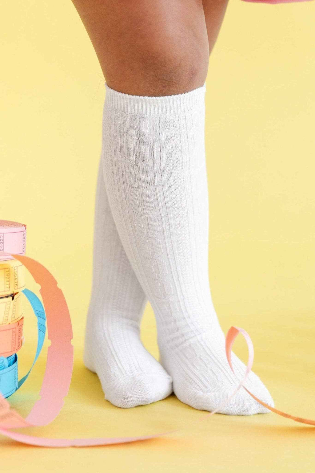White Cable Knit Knee High Socks: 0-6M