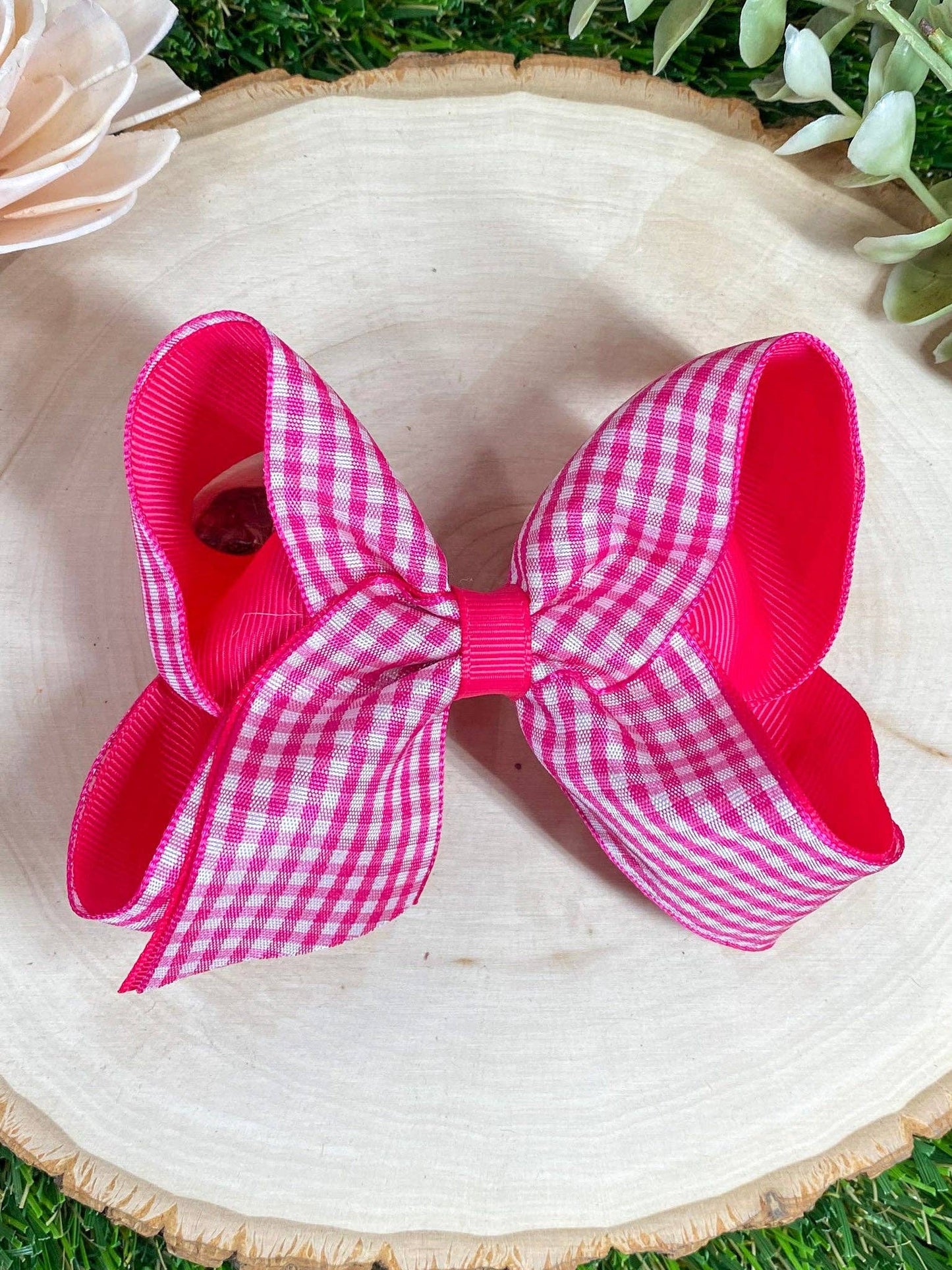 Gingham Classic Boutique Hair Bow | Clip or Headband: Maroon / Double Prong Alligator Clip
