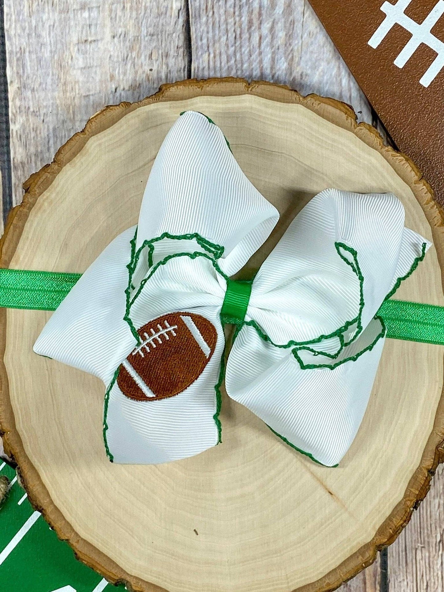 Football Embroidered Moonstitch Hair Bow | Clip or Headband: Orange/White / Clip