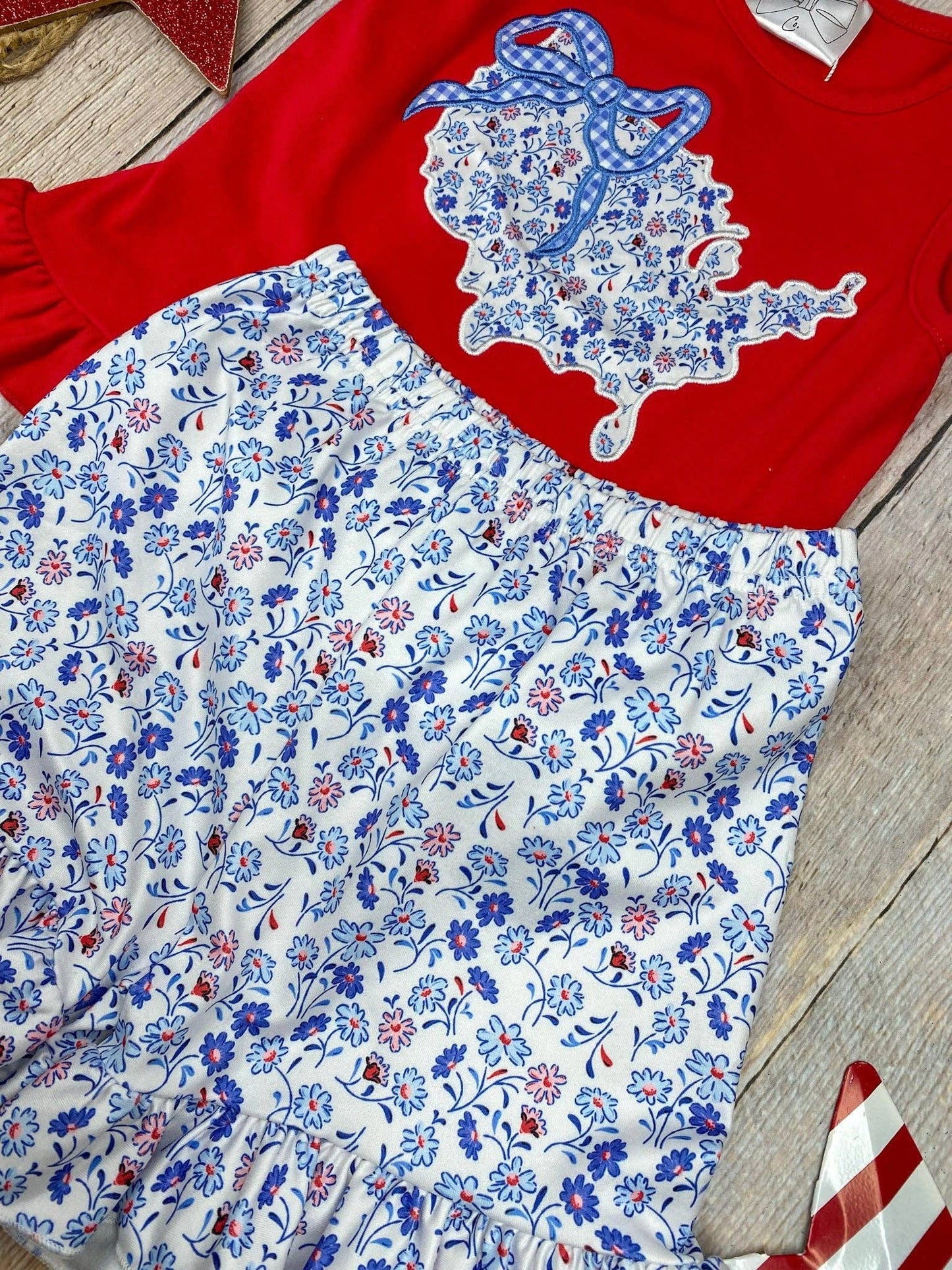 Red USA Floral Shorts Set | Girls Patriotic States Applique Outfit