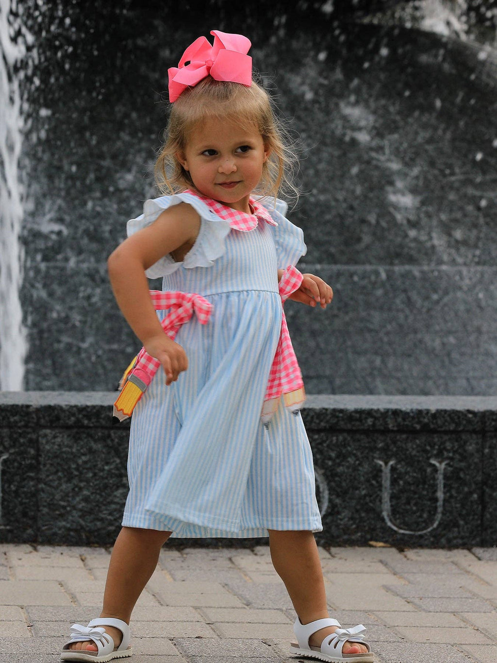 Back To School Girls Striped lapels Bow Dress: 7