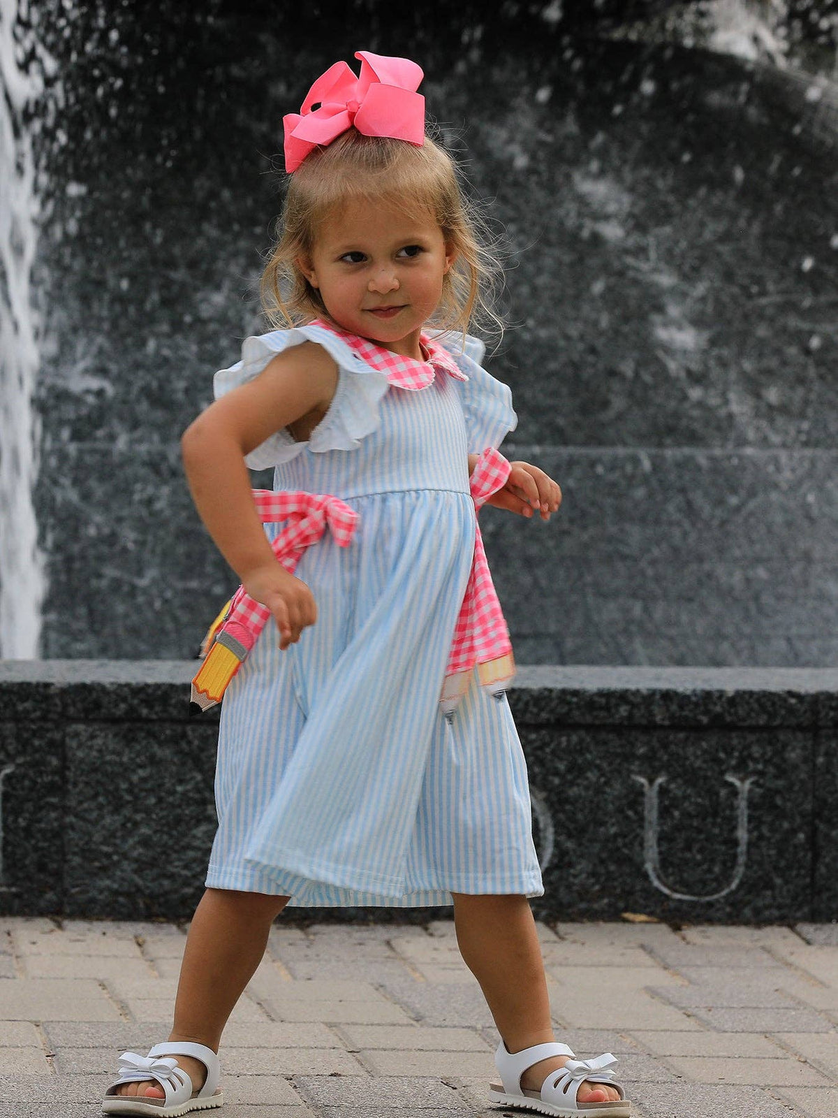 Back To School Girls Striped lapels Bow Dress: 7