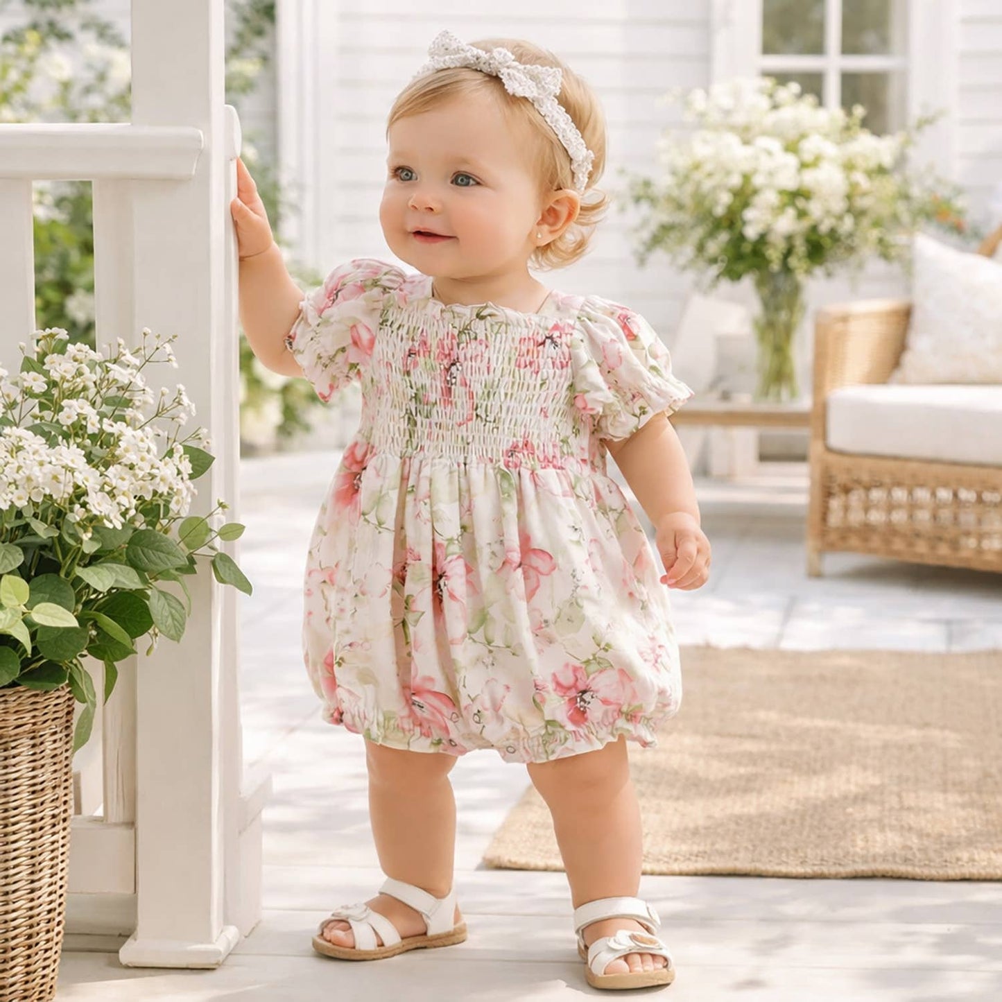 Blush Bouquet Smocked Bodice Puff Sleeve Romper