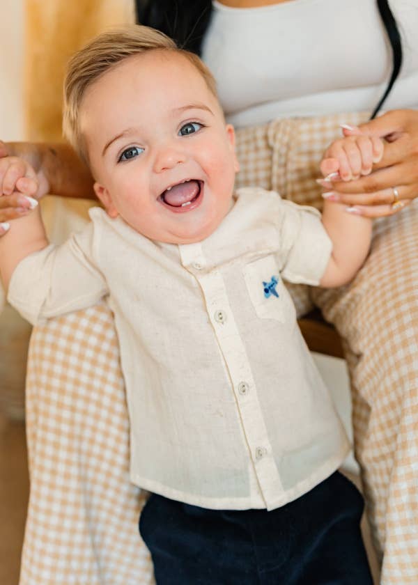 Portofino Baby Shirt & Pants Set (Organic Cotton): Natural / Navy