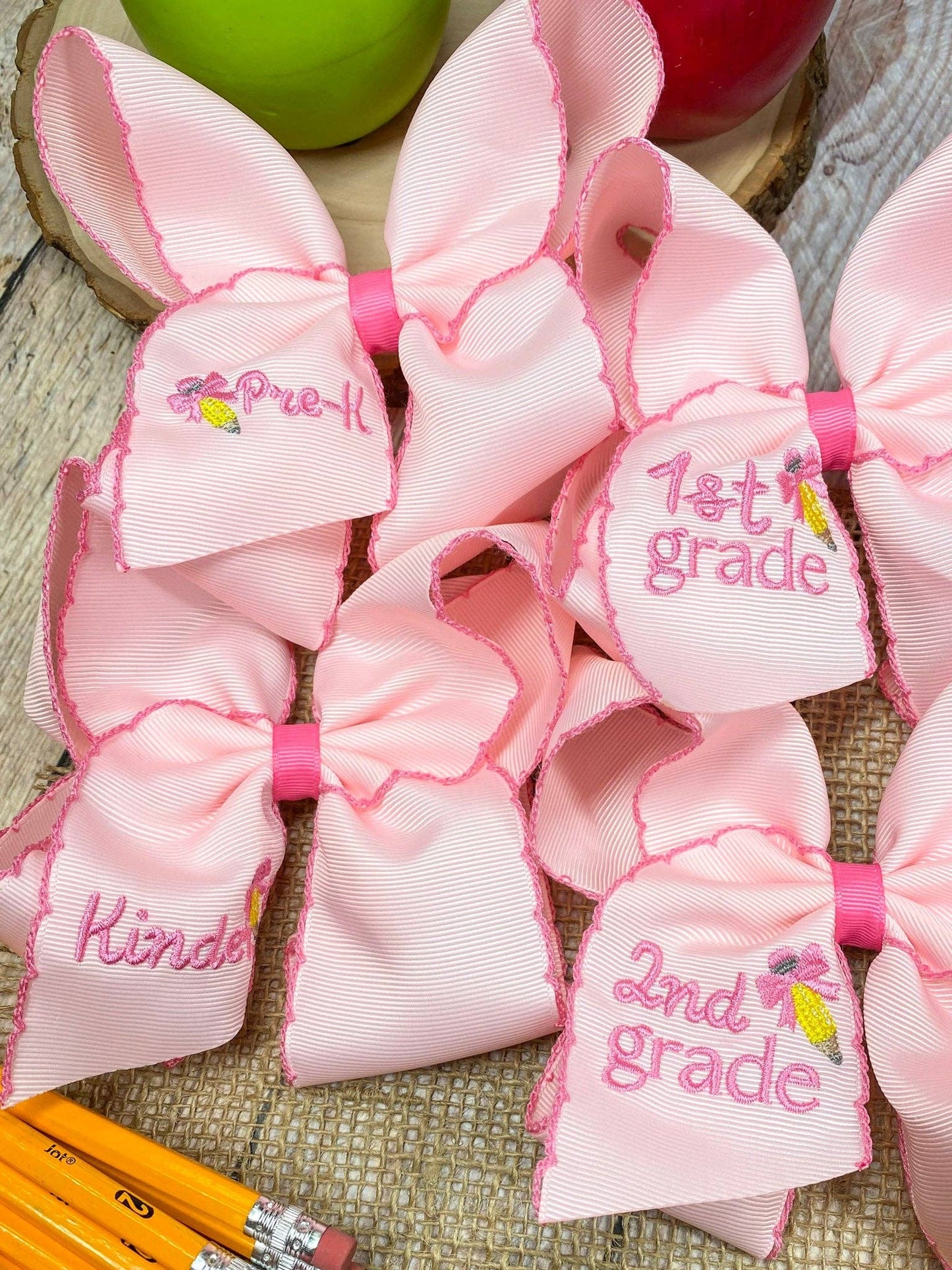 School Grade Embroidered Pencil Moonstitch Bow | Pre-K to 5th Grade: 1st Grade