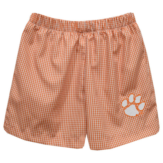 Clemson Tigers Embroidered Orange Gingham Pull On Short
