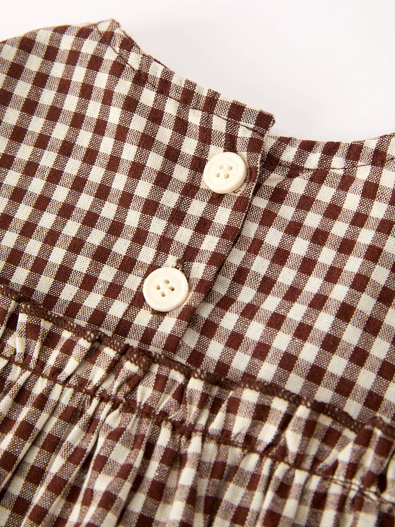 Gingham Baby Romper with Long Sleeve Puff Design: Brown