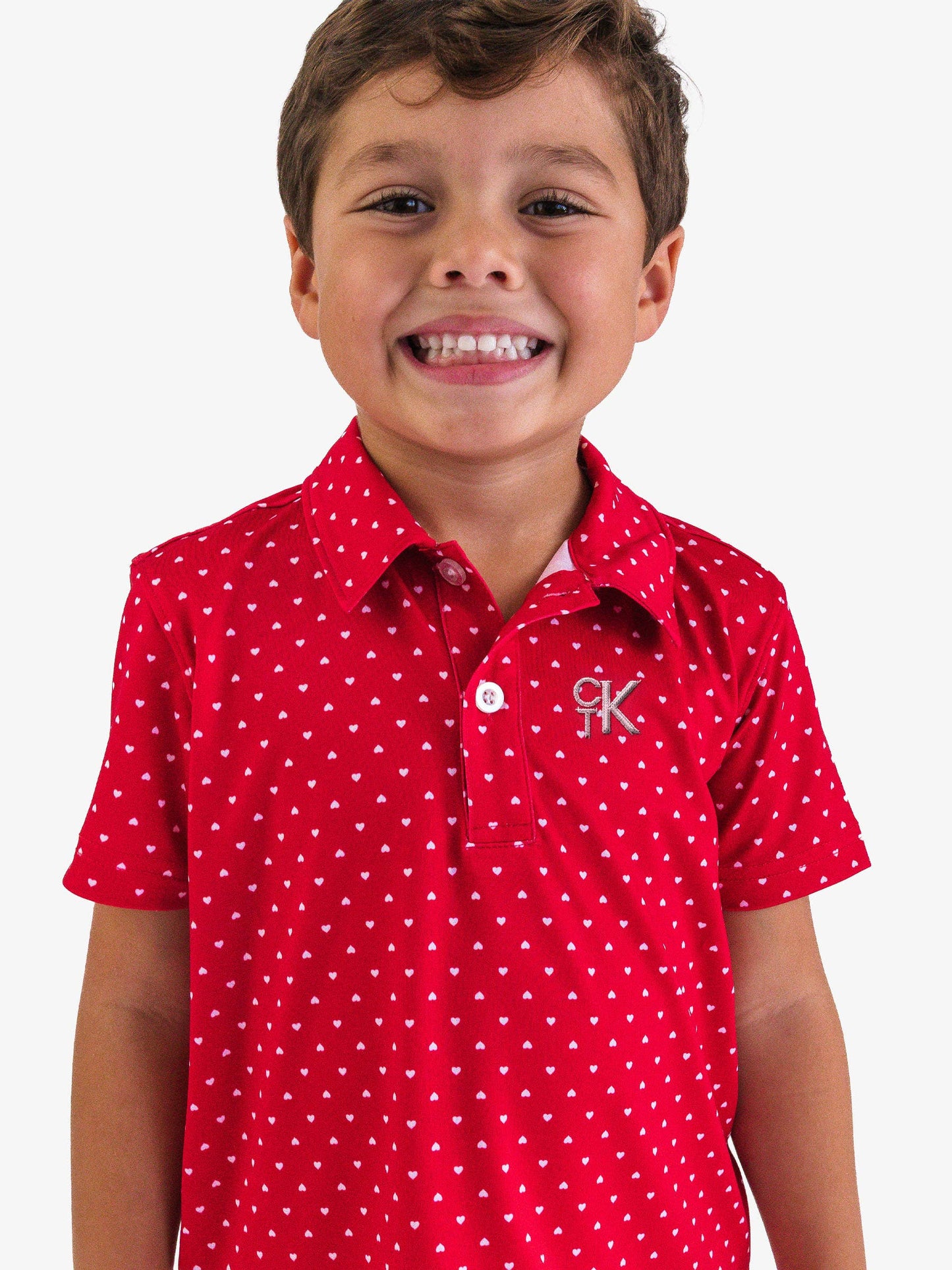 Boys Red Heart Polka Dot Knit Short Sleeve Performance Polo: Red