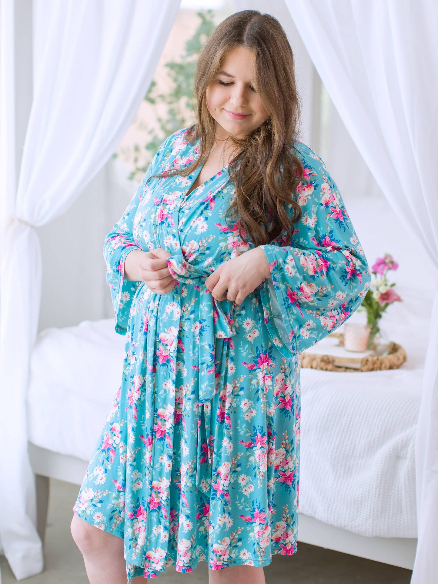 Women's Fancy Me Floral Bamboo Viscose Mommy & Me Maternity Robe
and newborn gown set.