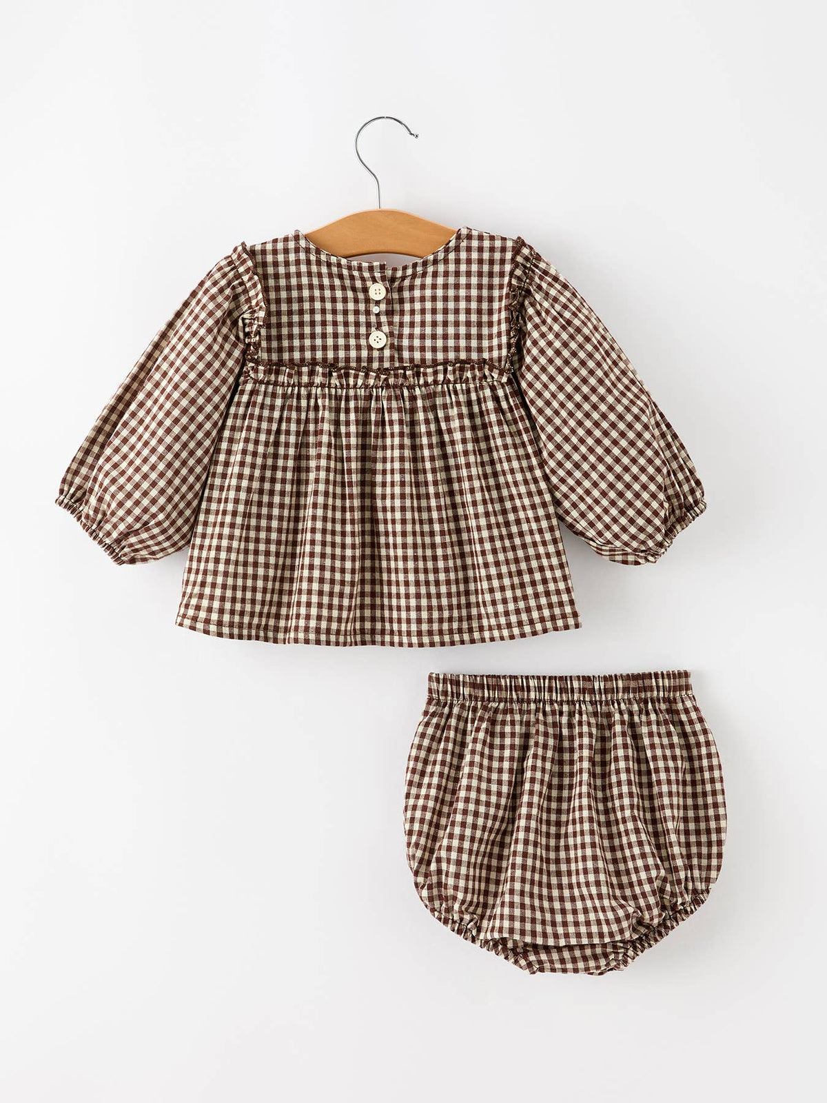 Gingham Baby Romper with Long Sleeve Puff Design: Brown