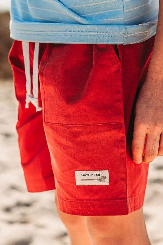 Boys Red Drawstring Shorts, Pockets, Above the knee: 2