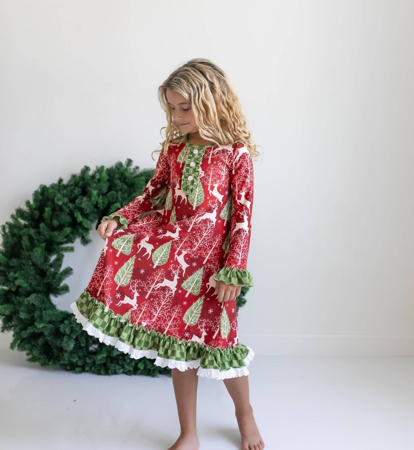 Kids Red Christmas Holiday Reindeer Ruffle Lounge Play Gown:5/6