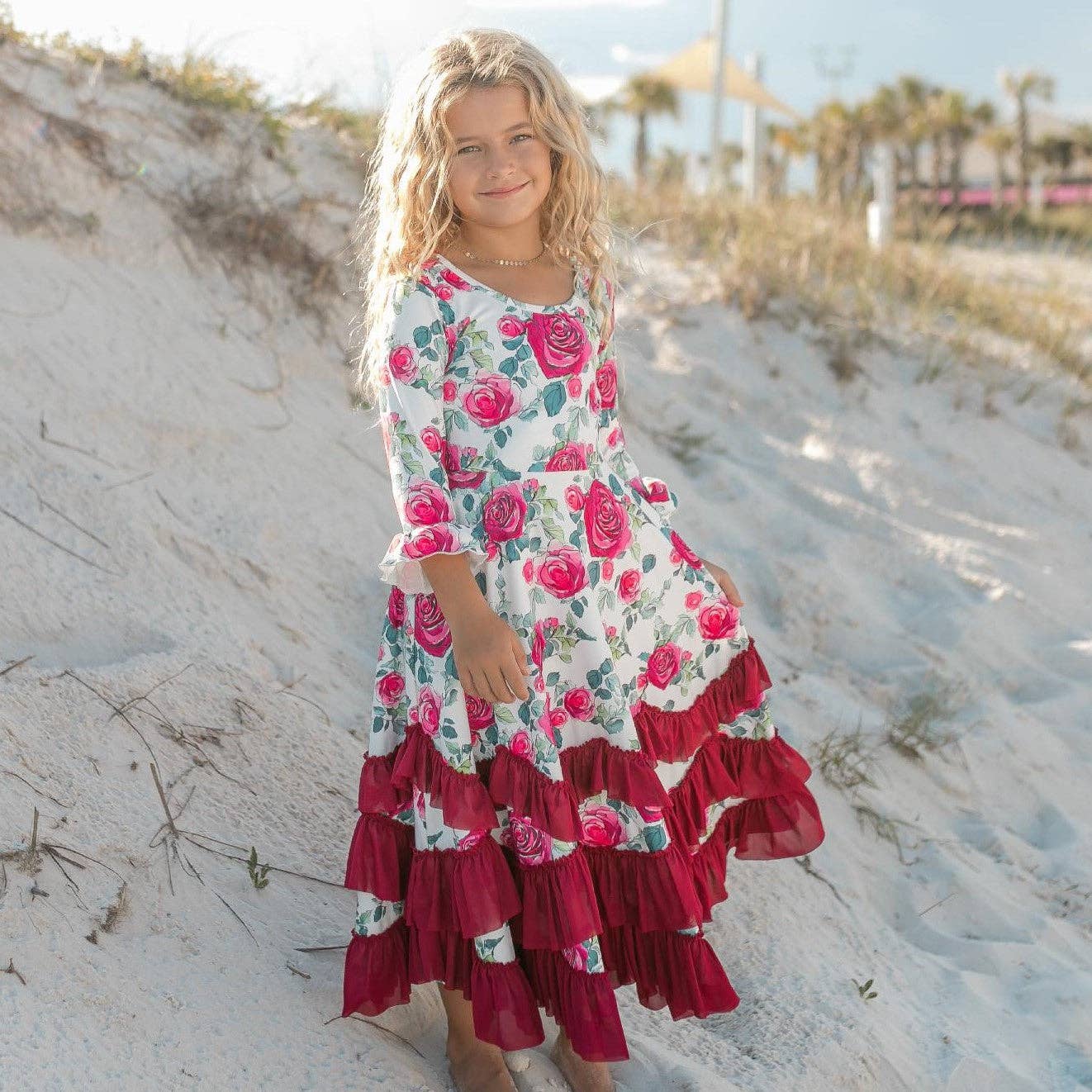 Kids Wine Rose Long Sleeve Ruffles Dress: 10/12