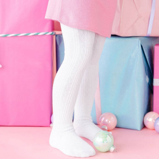 White Cable Knit Tights: 6 - 12 Months