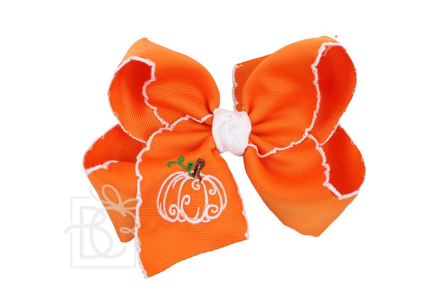 Embroidered Pumpkin Crochet Edge Bow: White-Millennium Blue Crochet Edge w/ Embroidered Orange Pumpkin / 5.5" Huge - 2.25" Crochet Edge Grosgrain Ribbon