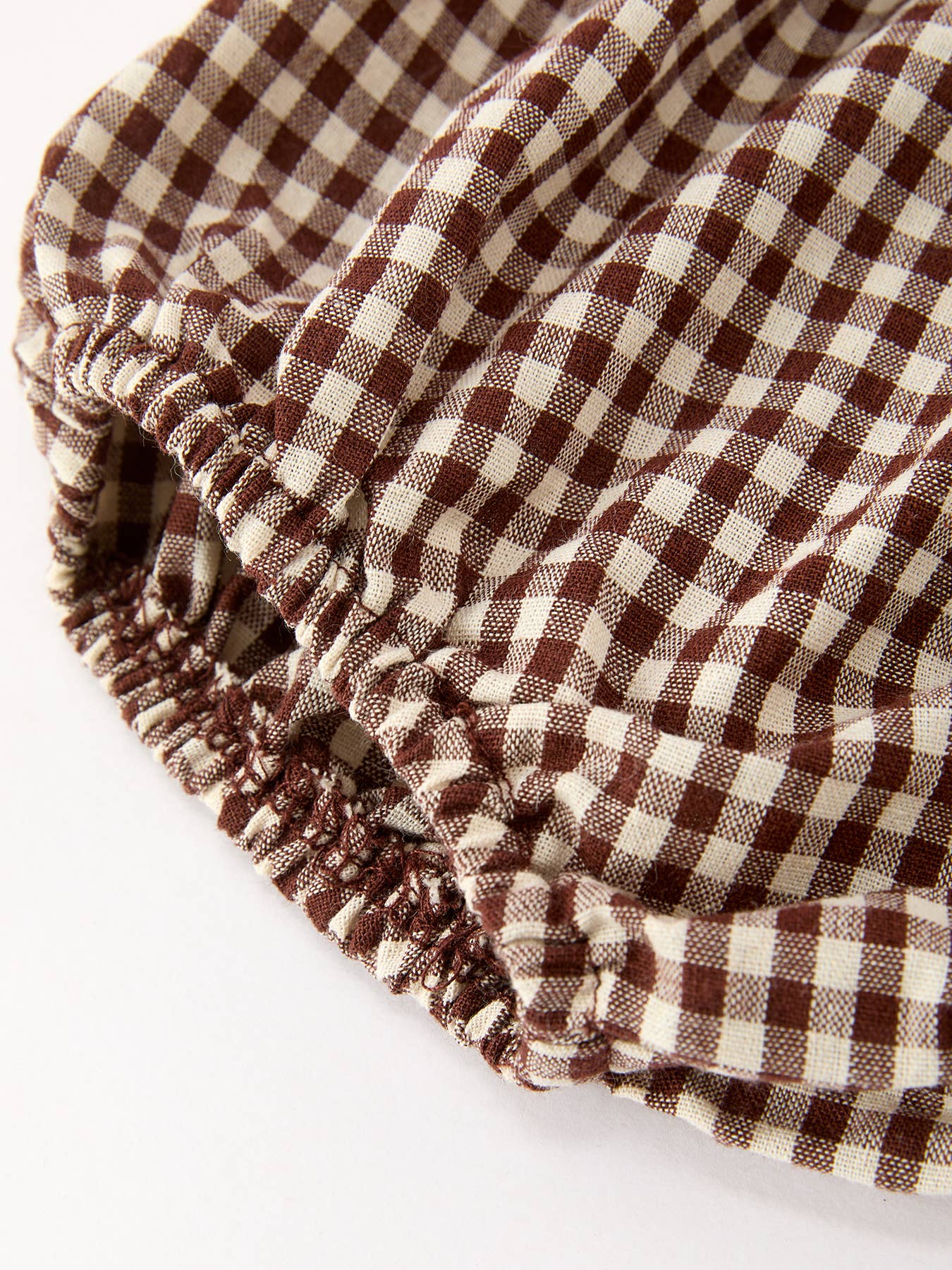 Gingham Baby Romper with Long Sleeve Puff Design: Brown