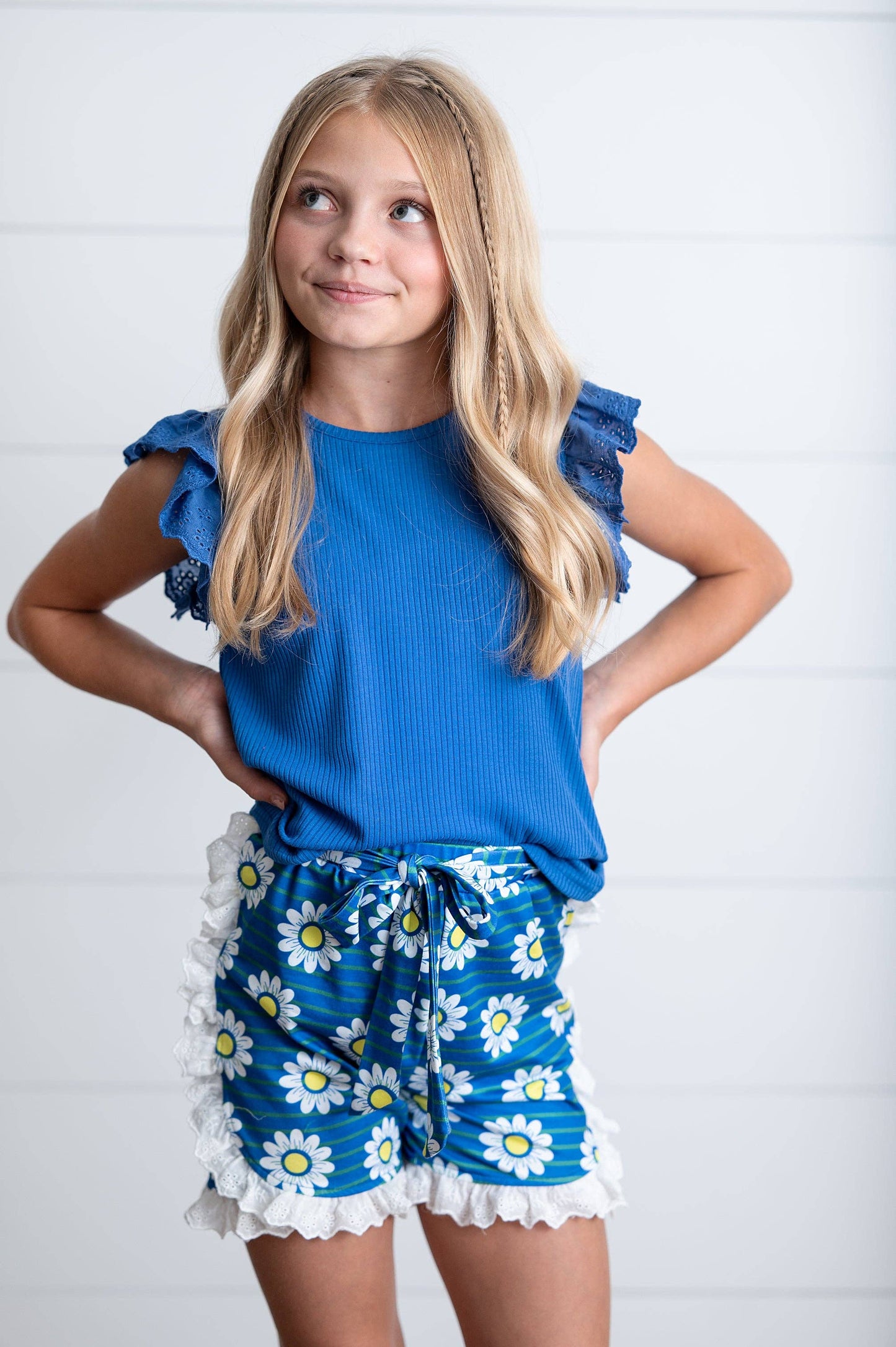 Girls Blue Lace Daisy Spring Summer Ruffle Short Set