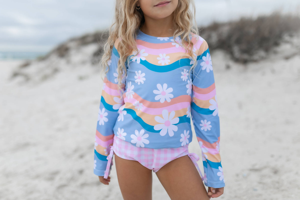 Kids Retro Daisy Long Sleeve Rash Guard Swimsuit