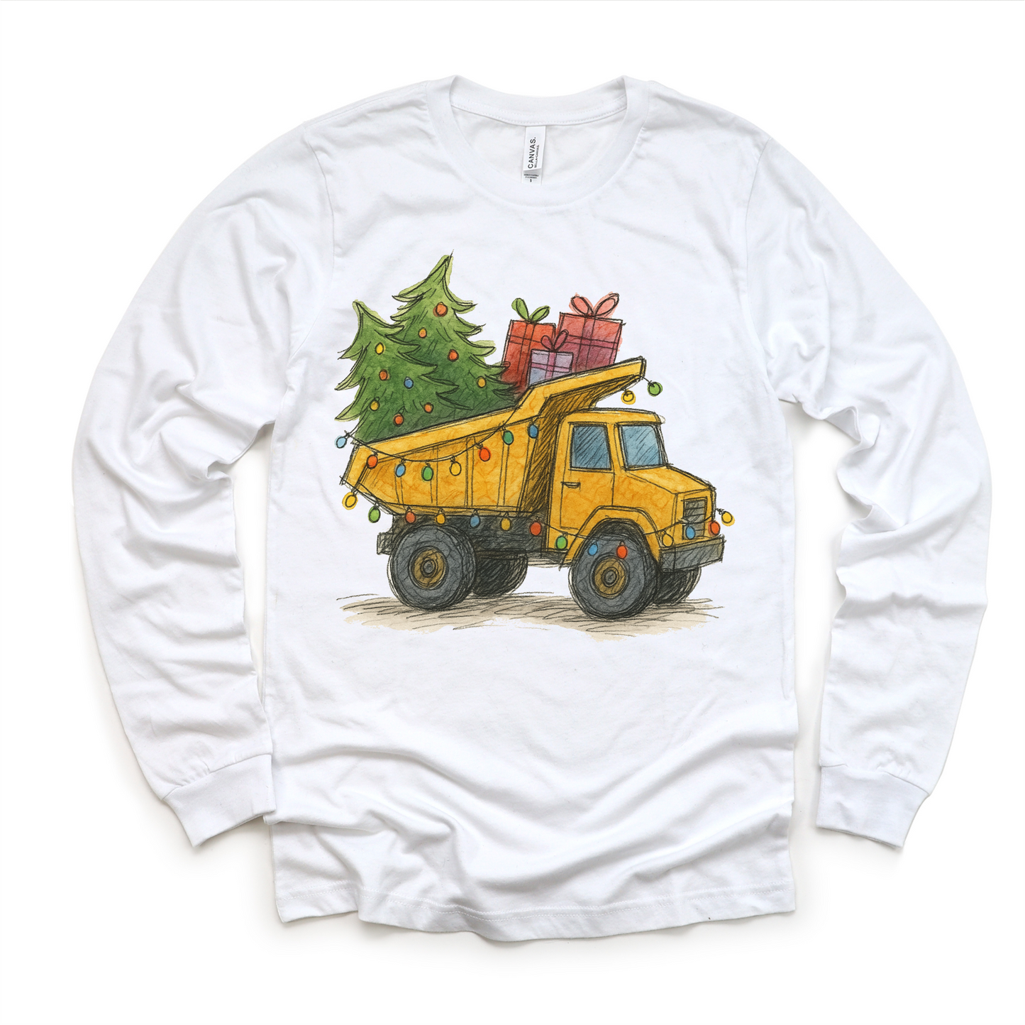 Dump Truck Construction Christmas T-Shirt - Kids Christmas Tee: White Long Sleeve Tee